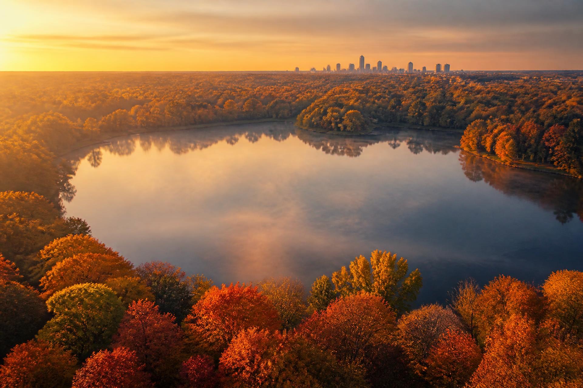 Autumn sunrise over Normandale Lake in Bloomington, Minnesota, with the Twin Cities skyline in the distance